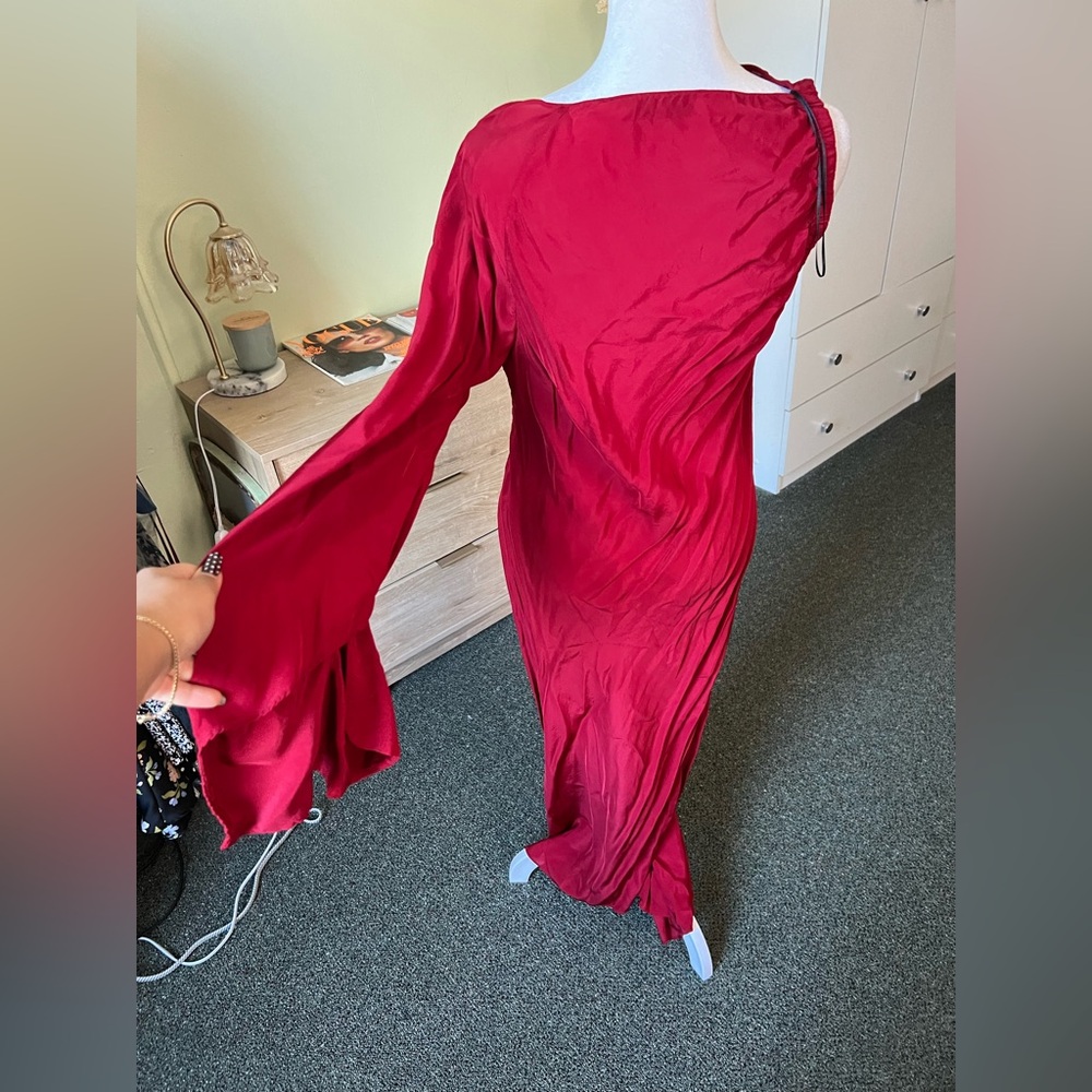 Maroon Red One Sleeve Shoulder Asymmetrical Midi Satin Formal Fancy Dress Sz L - Picture 13 of 16